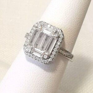 Sterling Silver Baguette cut CZ Ring with Halo size 6.75